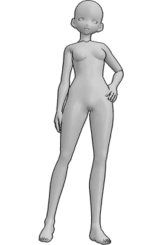 Pose Reference- Anime female standing pose - Anime female is standing, holding her hip with her left hand, female anime character pose