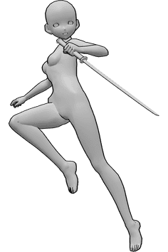 Referência de poses- Pose de ação feminina de anime - Mulher anime salta, segura uma katana e está pronta para atacar