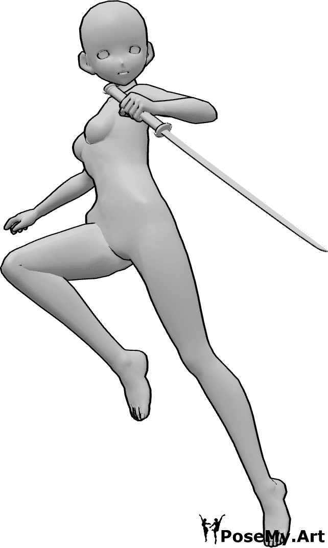 Référence des poses- Anime femme action pose - Une femme animée saute, tient un katana et est prête à attaquer.