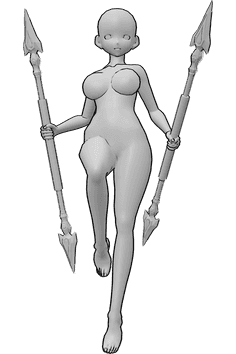 Pose Reference- Anime female spear pose - Anime female is floating in the air, holding two double-sided spear