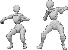 Referência de poses- Pose de dança engraçada feminina - Duas mulheres estão a dançar de forma engraçada e olham uma para a outra, pose de desenho engraçada