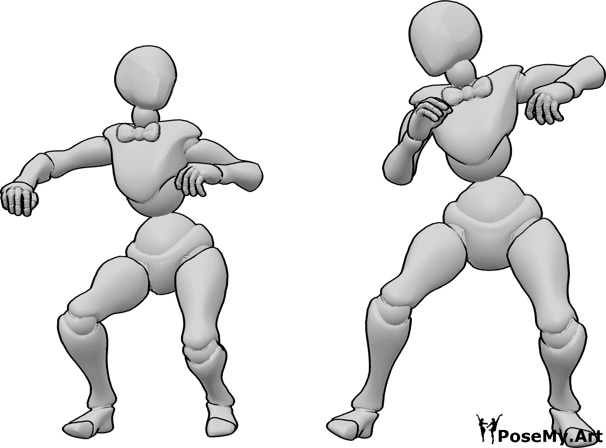 Referencia de poses- Mujer divertida pose de baile - Dos mujeres están bailando divertido y mirando el uno al otro, divertido dibujo pose