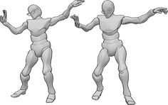 Referência de poses- Pose de dança engraçada masculina - Dois homens estão a dançar de forma divertida e usam óculos em forma de coração