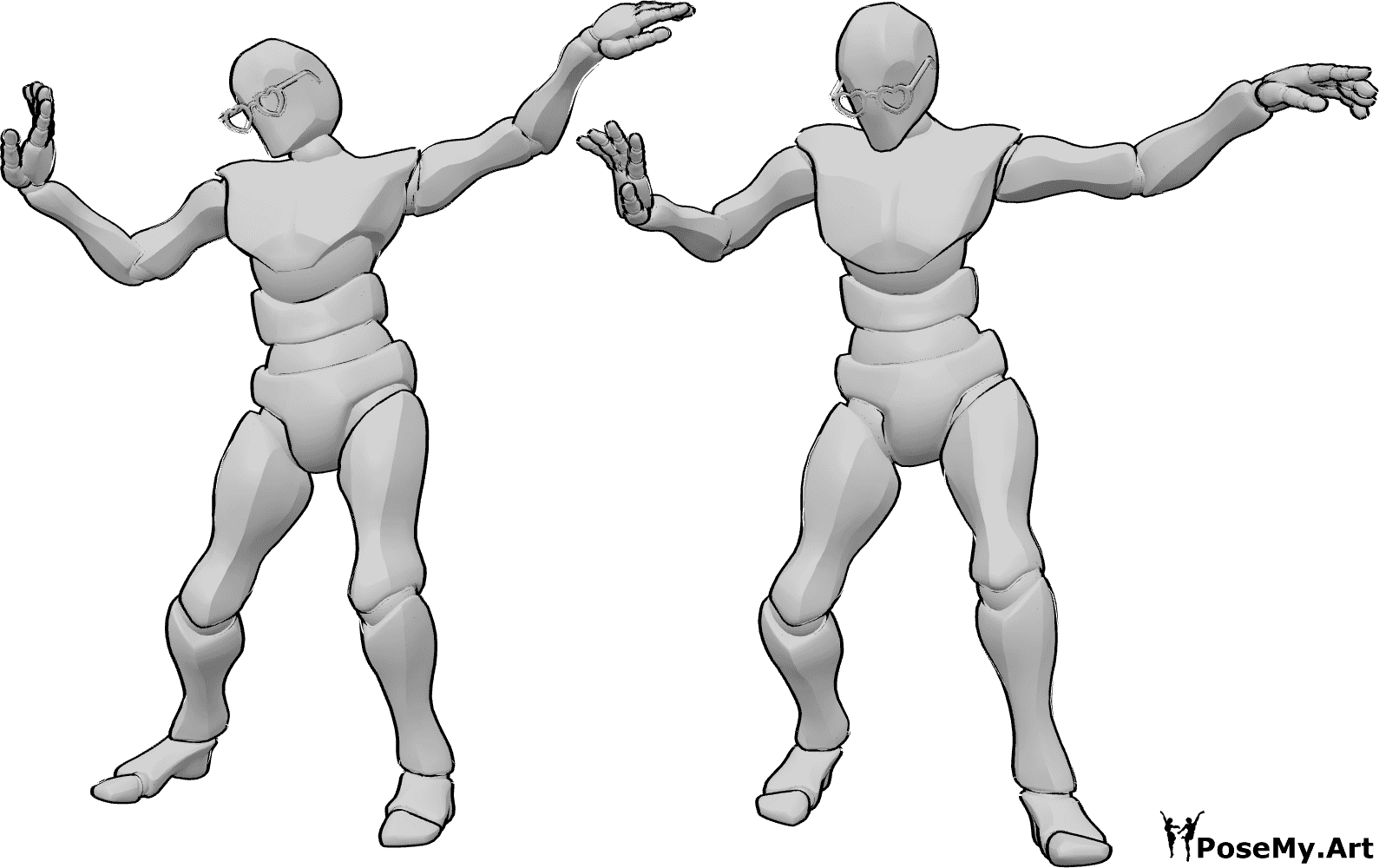 Référence des poses- Homme, pose de danse amusante - Deux hommes dansent de manière amusante et portent des lunettes en forme de cœur.