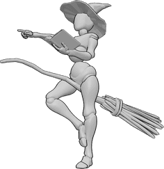 Pose Reference- Funny witch pose - Female is holding a broom between her legs and pointing forward, holding a book in her left hand