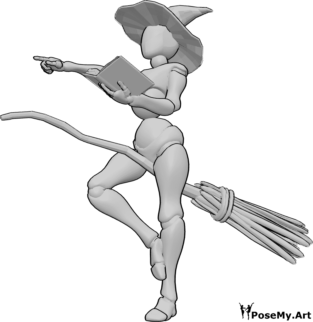 Pose Reference- Funny witch pose - Female is holding a broom between her legs and pointing forward, holding a book in her left hand