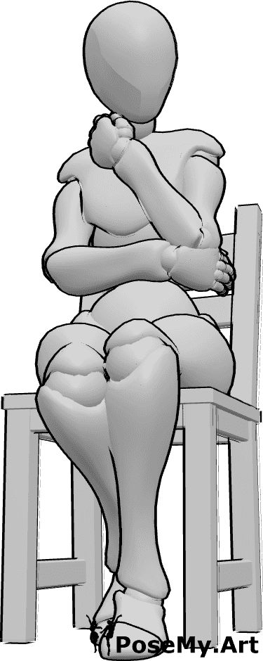 Pose Reference- Shy female sitting pose - Shy female is sitting on the chair, holding her elbow and looking to the left