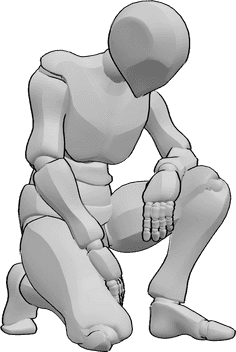 Pose Reference- Bashful male kneeling pose - Male is kneeling bashfully and looking down, male bashful pose