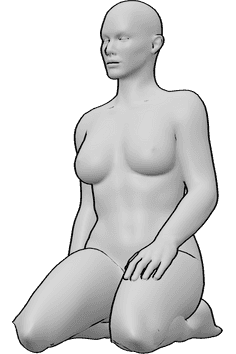 Référence des poses- Pose assise du genou de la femme - La femme est assise sur ses genoux et regarde légèrement vers la droite.