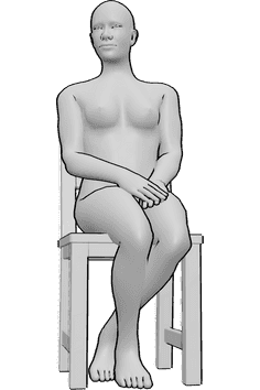 Référence des poses- Femme assise - La femme est assise sur la chaise, croise les jambes et regarde légèrement vers la droite.