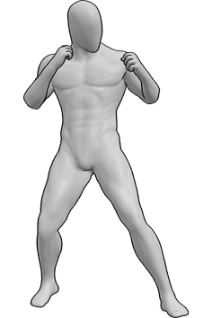 Référence des poses- Posture de boxe masculine - Homme debout en position de boxe, serrant les poings, pose masculine debout