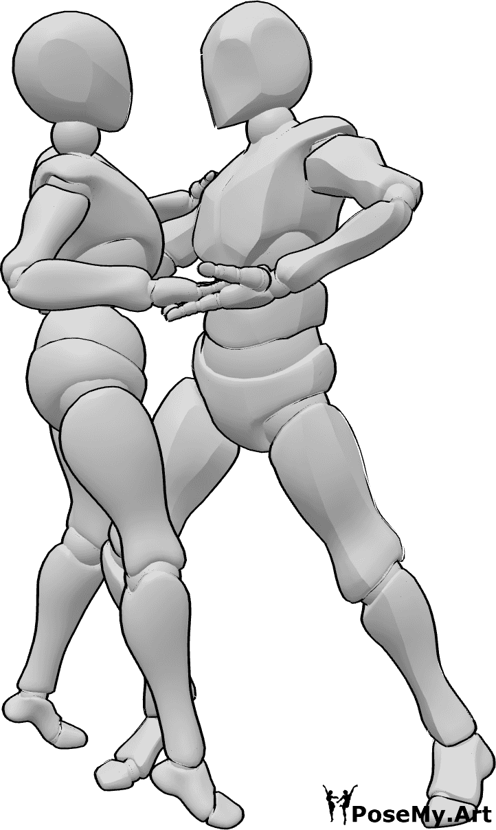 Referencia de poses- Postura de baile romántica - Pareja de mujer y hombre bailando y mirándose a los ojos posan