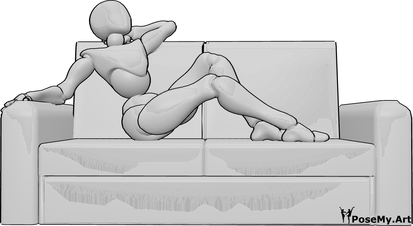 Referencia de poses- Modelo de sofá sentado - Modelo femenina sentada, recostada en el sofá y posando