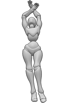 Referência de poses- Pose de corpo artístico feminino - A mulher está de pé e a dançar, levantando as mãos e olhando para cima