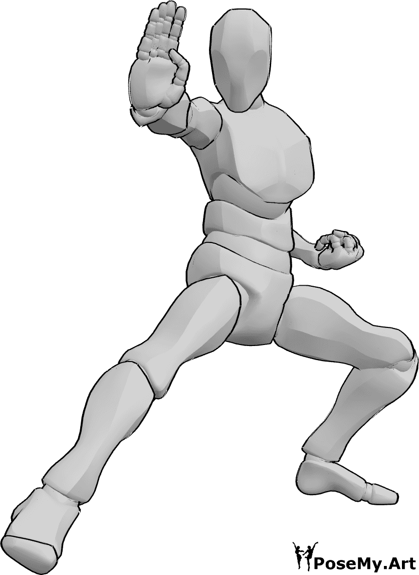 Pose Reference- Male karate pose - Male is in karate stance, raising his right hand, looking to the right