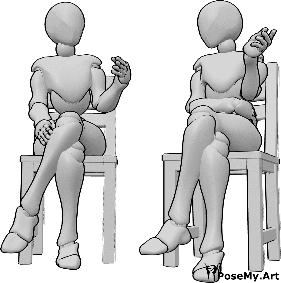 Referencia de poses- Postura para hablar sentado en una silla - Dos mujeres están sentadas en sillas una al lado de la otra y hablan