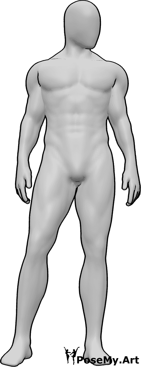 Referencia de poses- Postura masculina de pie - Hombre de pie, mirando a la izquierda, pose de anatomía humana.