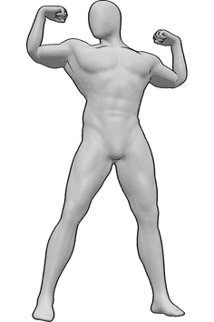 Pose Reference- Male muscle pose - Male is standing, showing his arm muscles, looking to the right