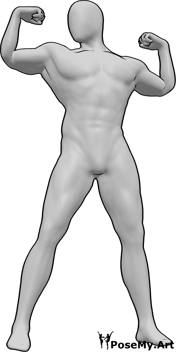 Pose Reference- Male muscle pose - Male is standing, showing his arm muscles, looking to the right