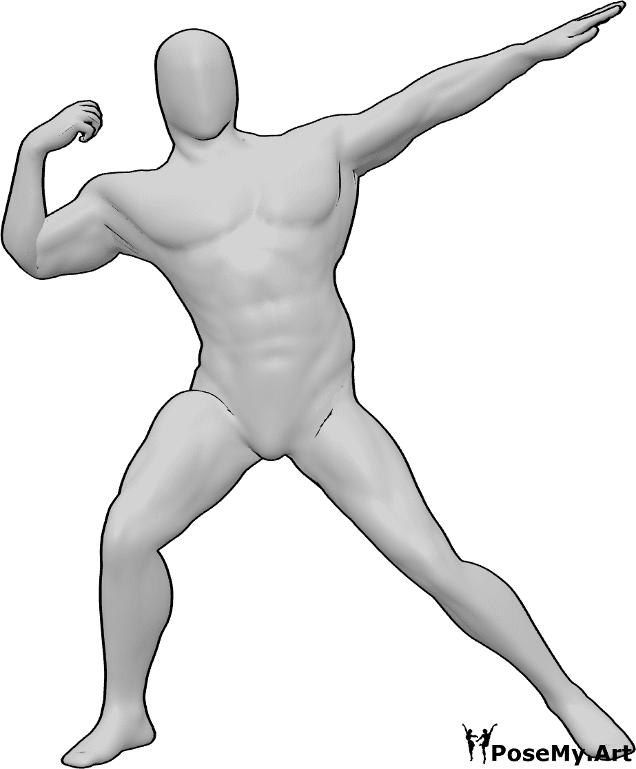 Pose Reference- Male hero pose - Male is standing and posing, showing his muscles, human anatomy pose