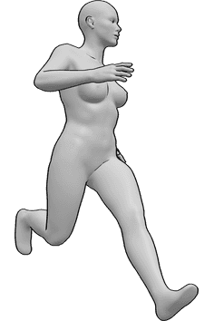 Referência de poses- Pose de corrida feminina - Mulher a correr, olhando ligeiramente para a esquerda, pose de anatomia humana