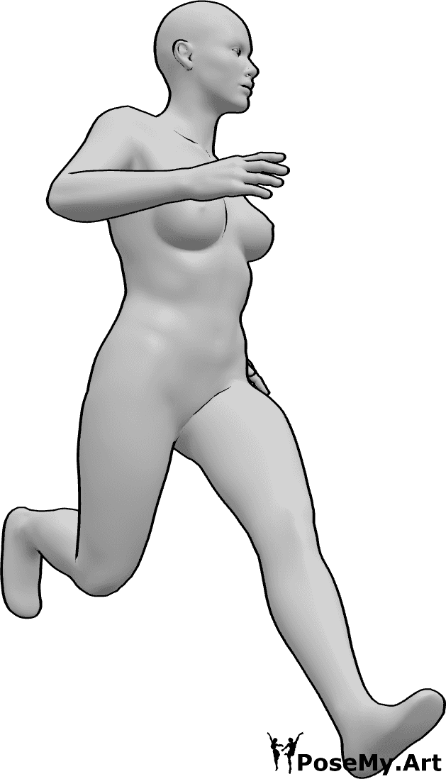 Référence des poses- Femme en train de courir - Femme en train de courir, regardant légèrement vers la gauche, pose d'anatomie humaine