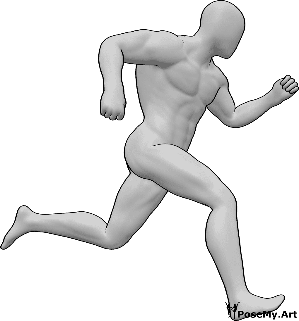 Référence des poses- Homme en train de courir - Homme courant, regardant légèrement vers la gauche, pose d'anatomie humaine