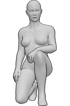 Referência de poses- Pose de agachamento feminina - Mulher agachada, a olhar para a frente, pose de anatomia humana feminina