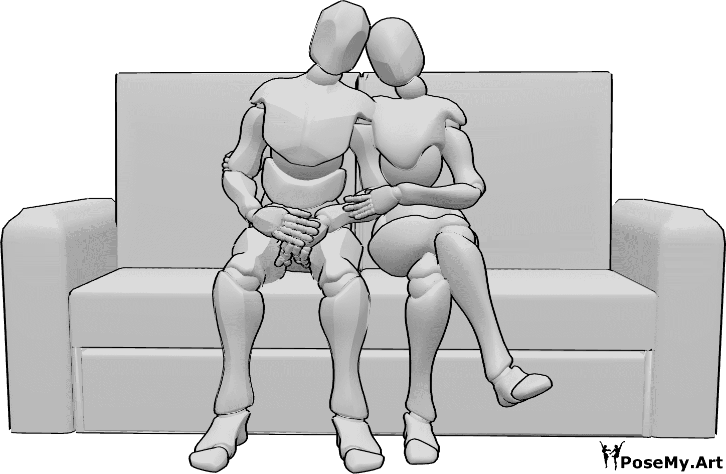 Référence des poses- Couple romantique assis - Couple de femmes et d'hommes assis, pose féminine embrassant la pose masculine