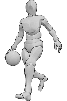 Referência de poses- Pose de basquetebol masculino - O homem está a driblar a bola de basquetebol com a mão direita e a olhar para a esquerda