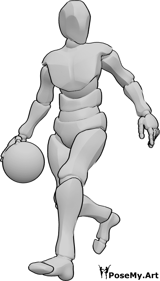 Référence des poses- Pose masculine de basket-ball - L'homme dribble le ballon de basket avec sa main droite et regarde vers la gauche.