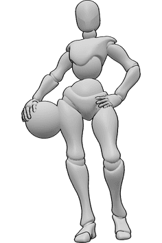 Pose Reference- Female basketball pose - Female is standing, her left hand is on her hip, holding a basketball in her right hand