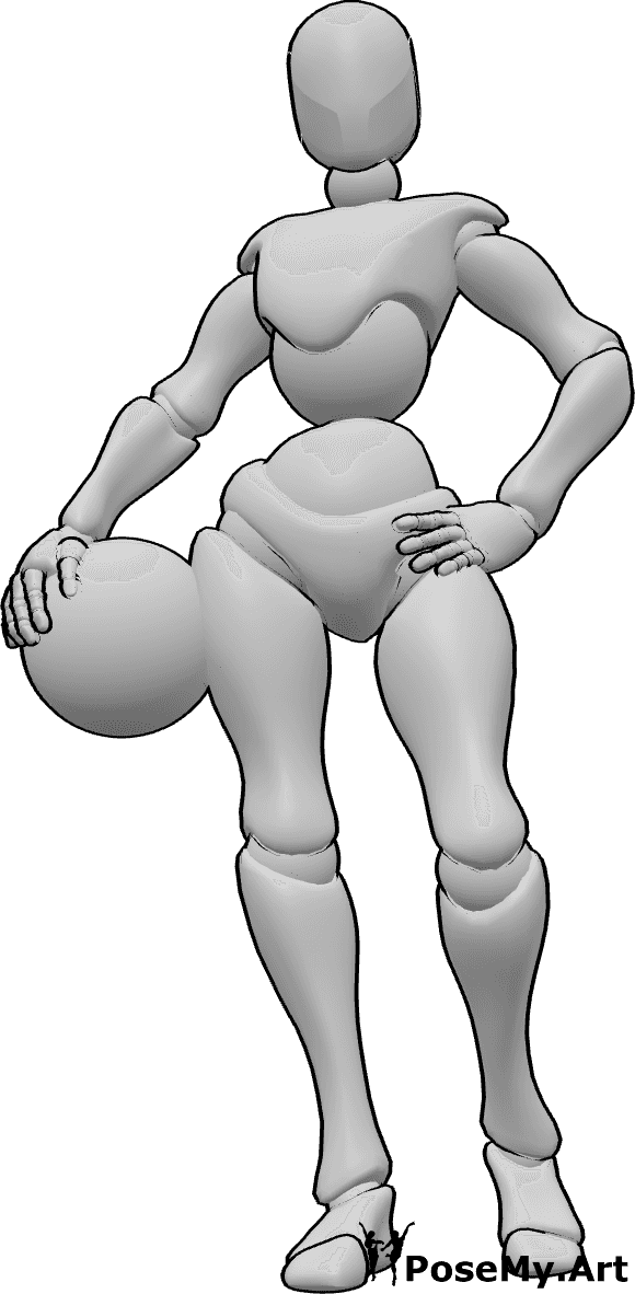 Pose Reference- Female basketball pose - Female is standing, her left hand is on her hip, holding a basketball in her right hand