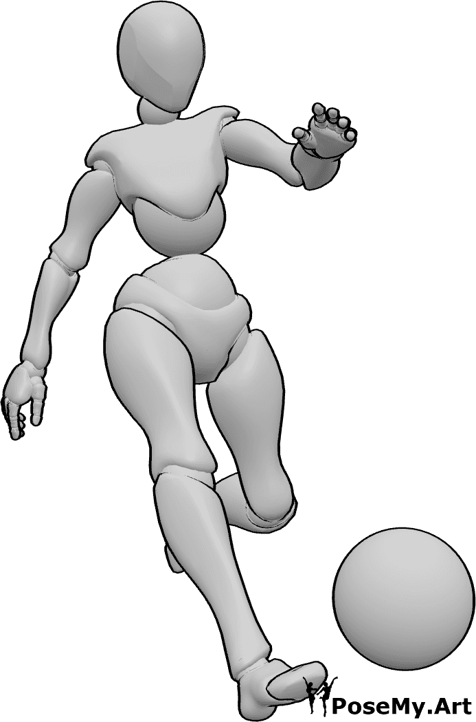 Référence des poses- Pose féminine pour le football - Une femme joue au football, elle s'apprête à frapper le ballon du pied gauche.