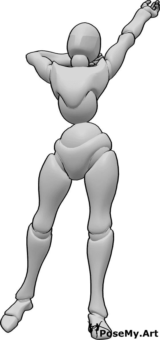 Referência de poses- Pose de alongamento feminina - Mulher de pé e a esticar os braços, desenho de referência das proporções do corpo feminino