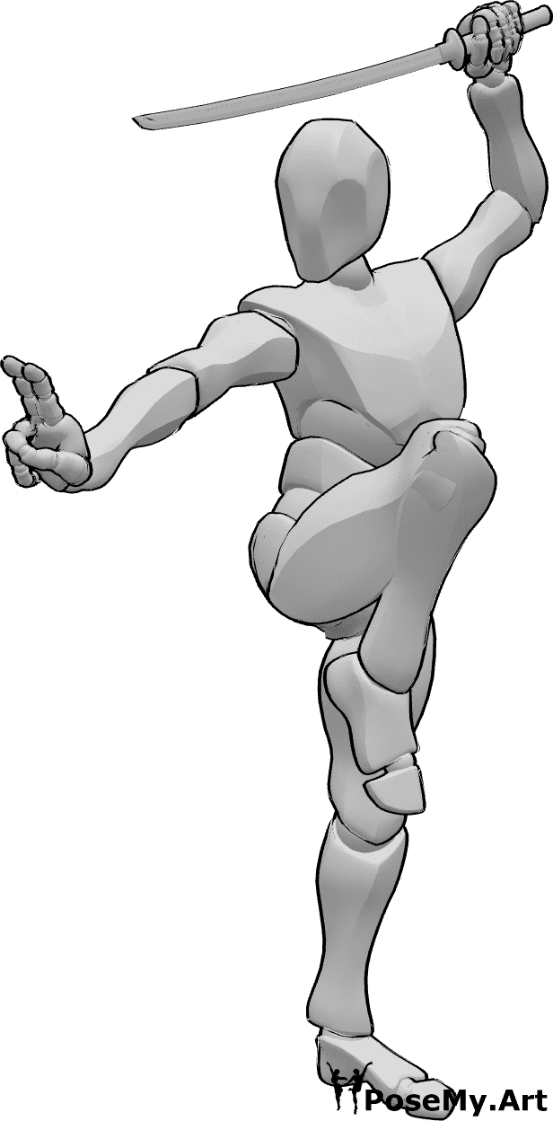 Referência de poses- Pose de katana masculina - Homem com uma katana na mão esquerda em pose de kung fu