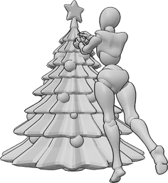 Referência de poses- Pose de decoração da árvore de Natal - Mulher está a decorar uma árvore de Natal, ajustando um ornamento