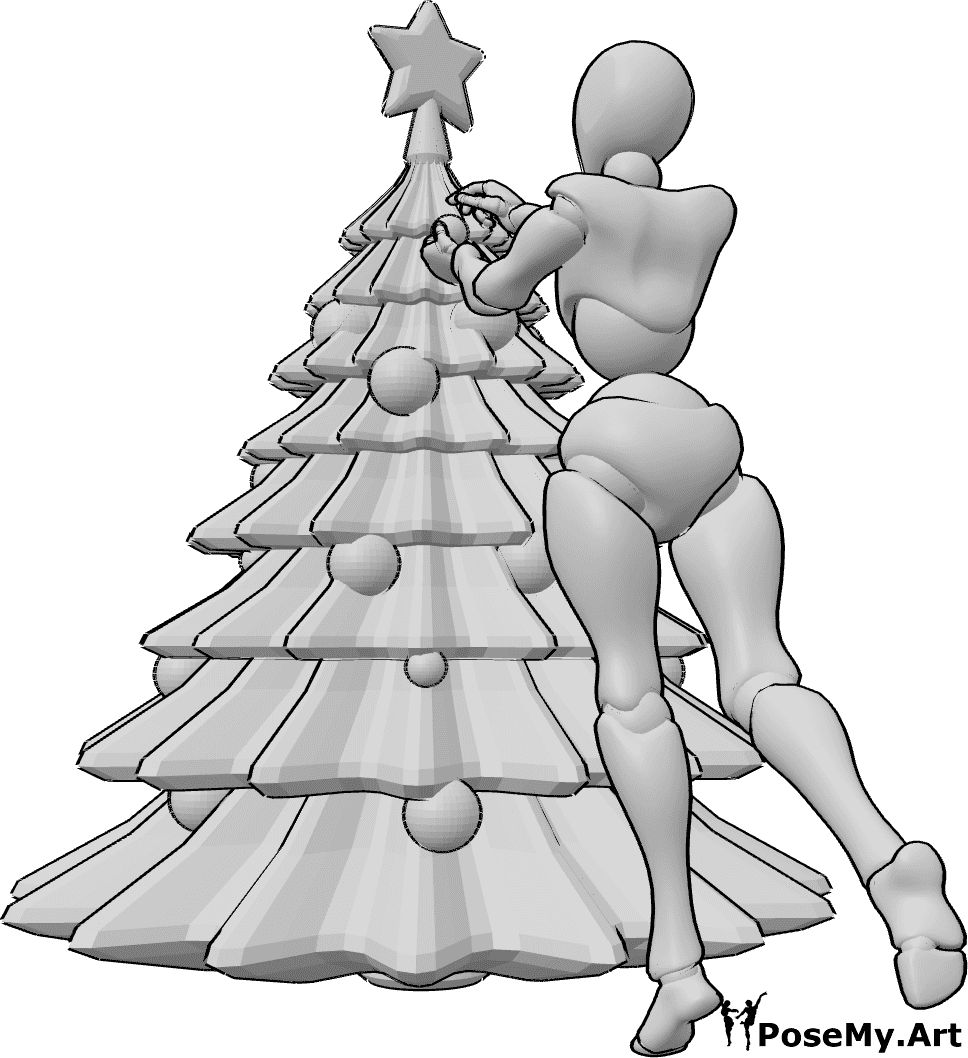 Referencia de poses- Postura para decorar el árbol de Navidad - Mujer decorando un árbol de Navidad, ajustando un adorno