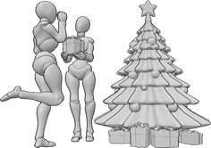 Referência de poses- Pose de Natal de amigos felizes - Duas amigas estão junto à árvore de Natal a oferecer presentes