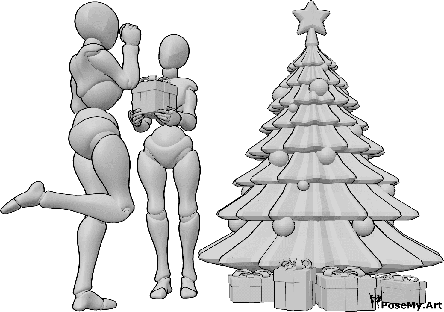 Posen-Referenz- Glückliche Freunde Weihnachten Pose - Zwei Freundinnen stehen neben dem Weihnachtsbaum und verteilen Geschenke