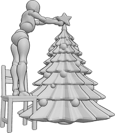 Référence des poses- Ajustement de la pose de l'arbre de Noël - La femme est debout sur une chaise et ajuste l'étoile sur le sapin de Noël.