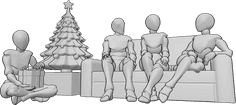 Referência de poses- Pose de Natal em família - A família está sentada à volta da árvore de Natal, a conversar e a abrir presentes