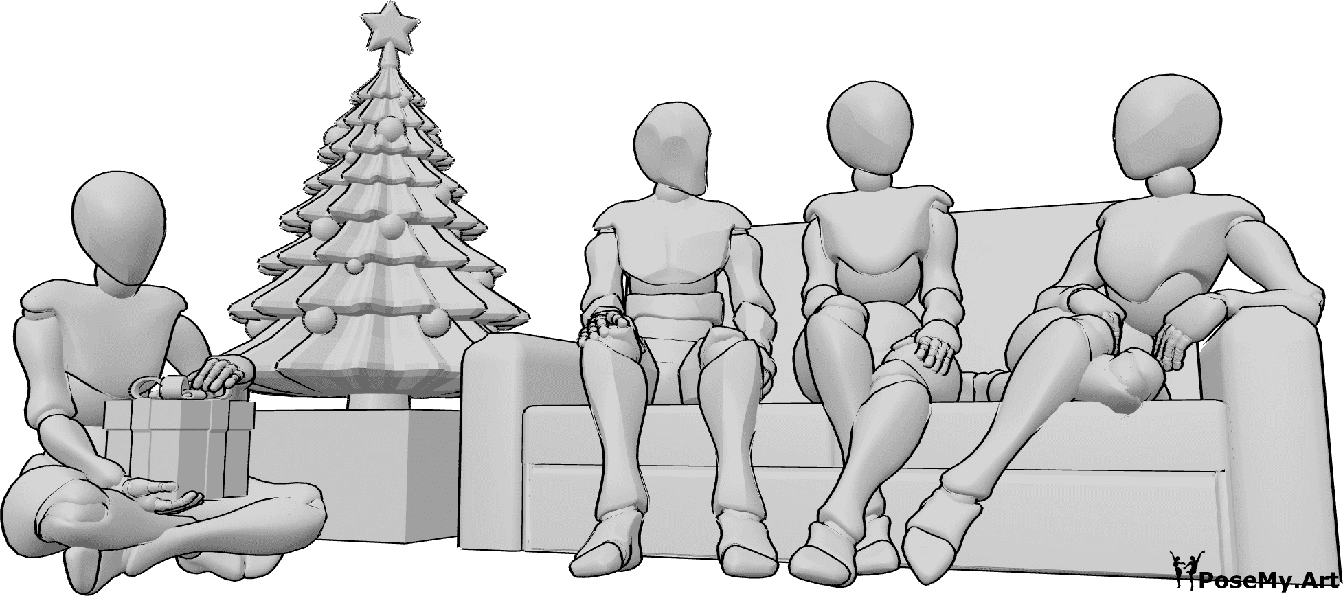 Referência de poses- Pose de Natal em família - A família está sentada à volta da árvore de Natal, a conversar e a abrir presentes