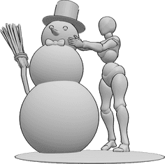 Référence des poses- Construction d'un bonhomme de neige - La femme construit un bonhomme de neige, référence de dessin de Noël féminin