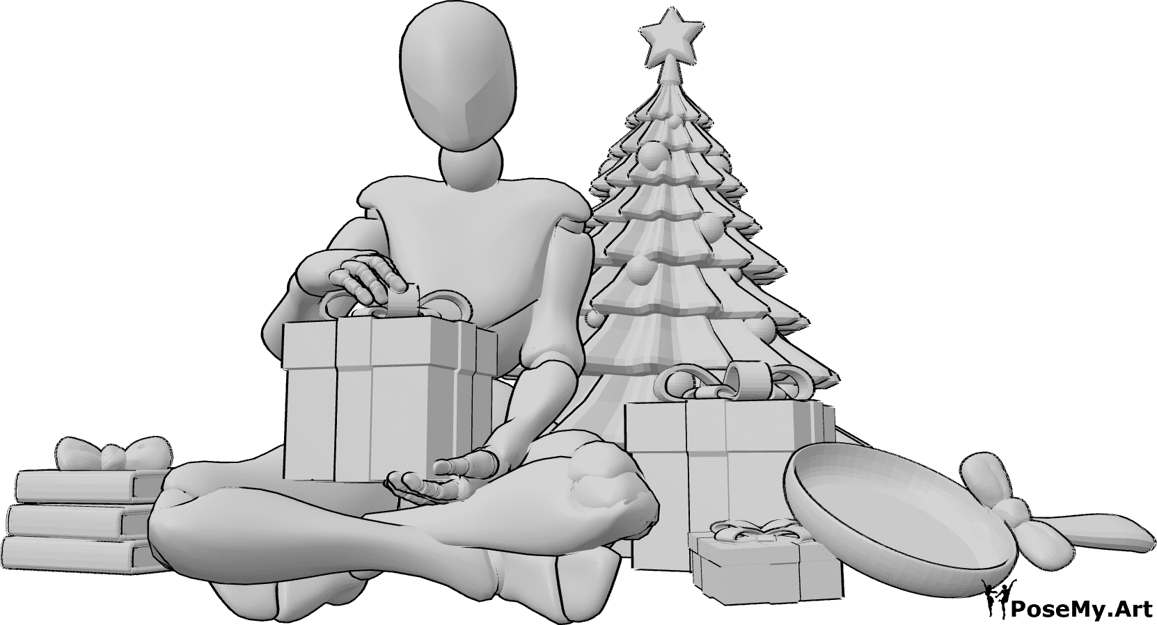 Referencia de poses- Postura de regalo de Navidad - Mujer sentada junto al árbol de Navidad y desenvolviendo un regalo.