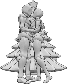 Referencia de poses- Pareja romántica pose navideña - Mujer y hombre se abrazan delante del árbol de Navidad