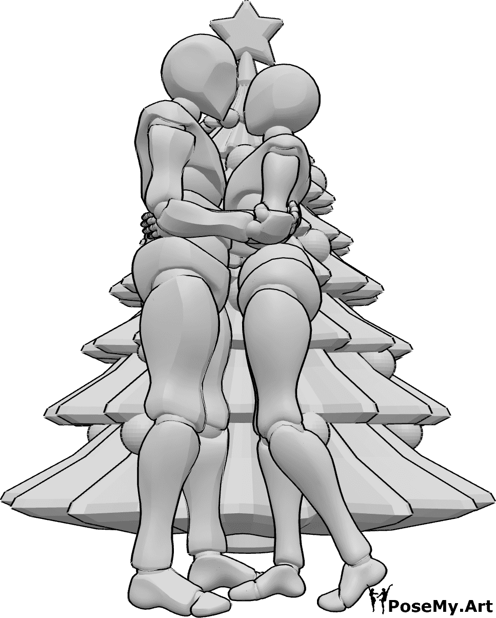 Referencia de poses- Pareja romántica pose navideña - Mujer y hombre se abrazan delante del árbol de Navidad