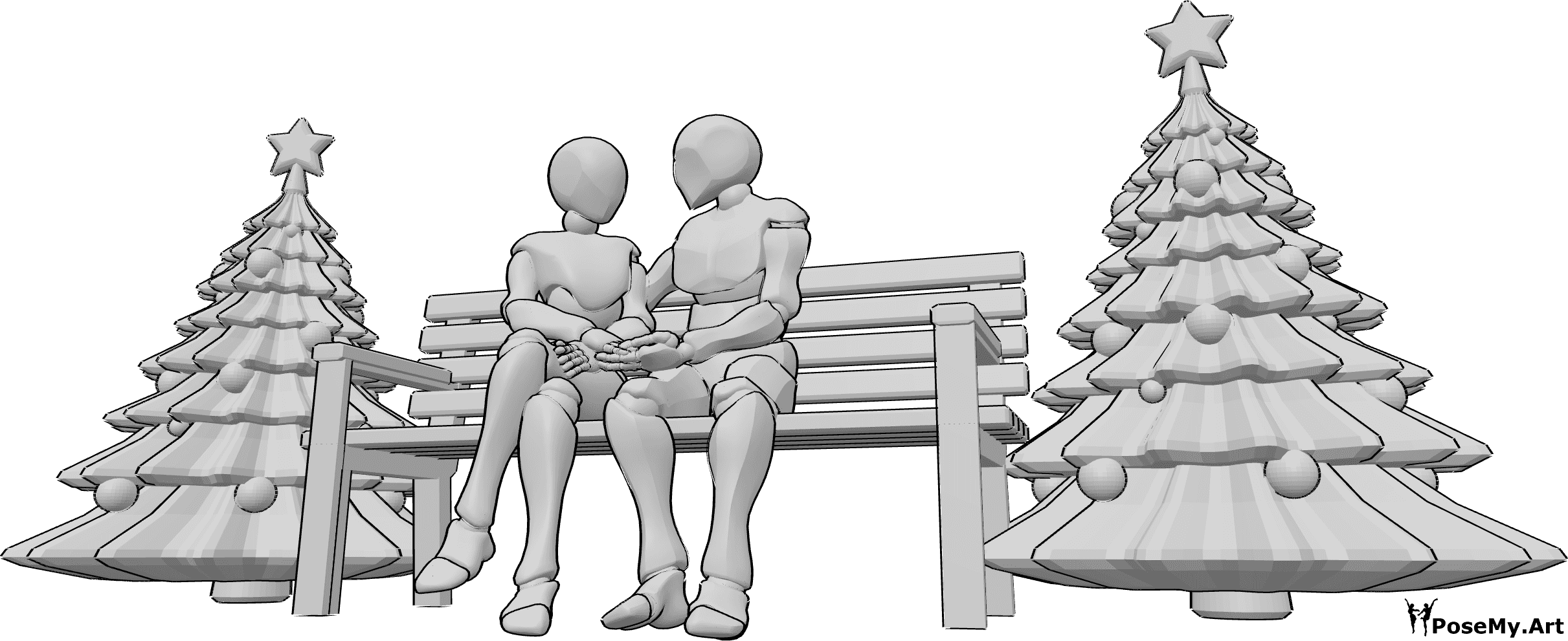 Referencia de poses- Navidad pareja sentada pose - Mujer y hombre están sentados uno al lado del otro en un banco, referencia de dibujo navideño