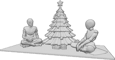 Referência de poses- Árvore de Natal em pose - A mulher e o homem estão sentados junto à árvore de Natal a ler um livro