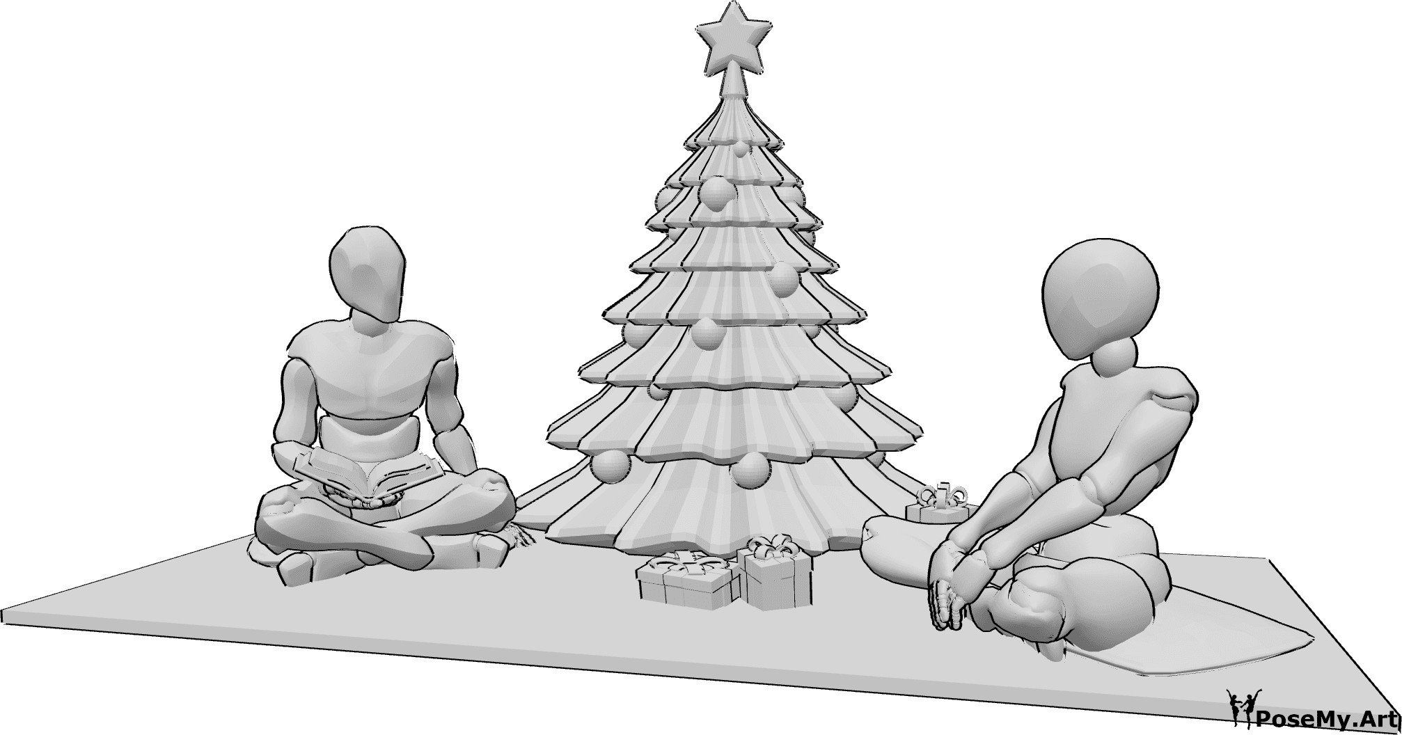 Référence des poses- Arbre de Noël assis - Une femme et un homme sont assis à côté de l'arbre de Noël et lisent un livre.